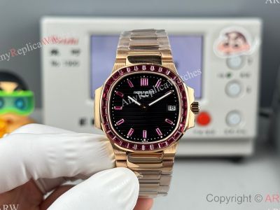 GRF Patek Philippe Nautilus 9015 Movement 35.2mm Women Red Diamond Bezel Black Face Watch